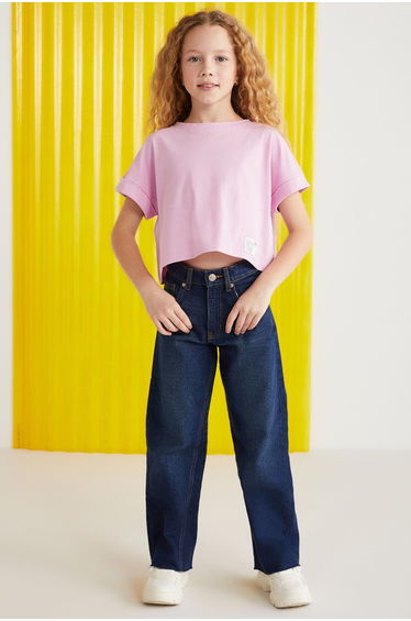 Verena Girl's 100% Cotton Double Sleeve Pink T-shirt with Ornamental Label
