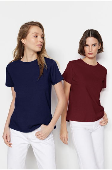 Claret Red-Navy Blue Basic 100% Cotton Crew Neck 2-Pack Knitted T-Shirt