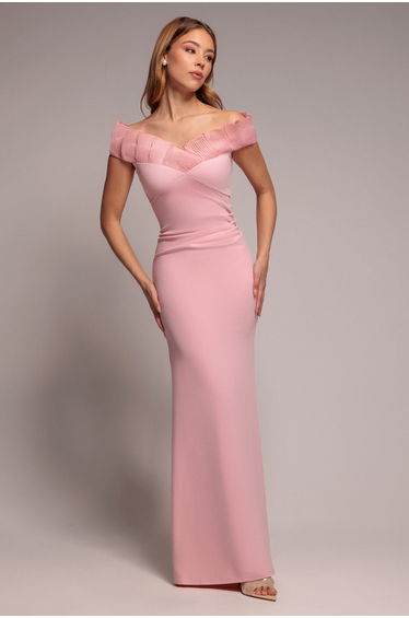Goddiva Fan Pleated Bardot Scuba Crepe Maxi Dress - Blush Pink