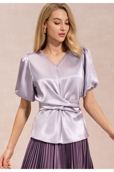 Lace Trim V-Neck Tie-Back Satin Top in Lilac for Bridal Events & Date Night