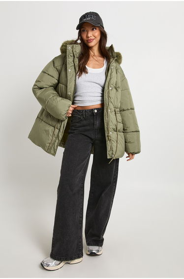 Faux Fur Trim Parka - khaki