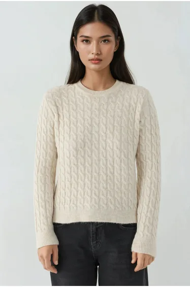 Thick Hair Braid Knit Sweater with Crew Neck