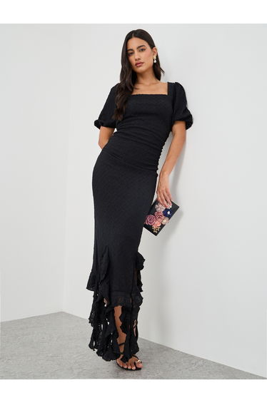 Self Design Ruffled Asymmetric Hem Sheath Dress