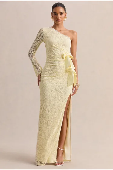 Norna | Lemon Lace Asymmetric-Neck Maxi Dress With Cut-Out And Bow Details