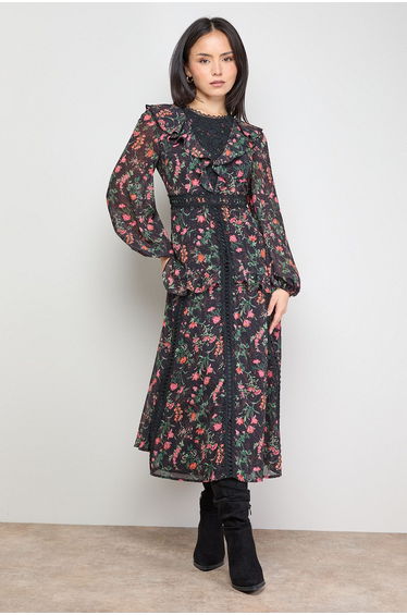 Petite Chiffon Printed Lace Trim Detail Ruffle Midi Dress
