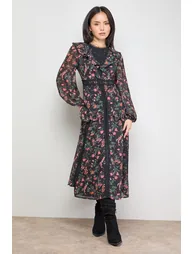 Petite Chiffon Printed Lace Trim Detail Ruffle Midi Dress