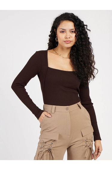 Ribbed Square Neck Long Sleeve Top