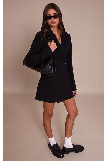 Black Wool Look Cinched Waist Blazer Dress