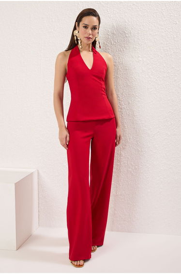 Red V Neck Woven Stylish Jumpsuit