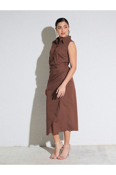 Brown Side Pleated Sleeveless Midi Dress
