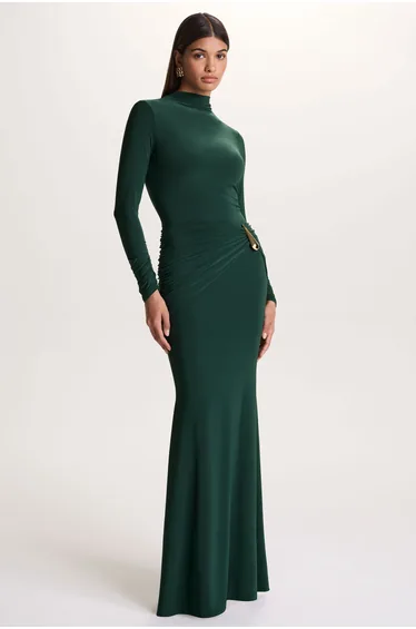 فستان كلوب ال لندن أخضر ماكسي بقصة ميرمايد بأكمام طويلة