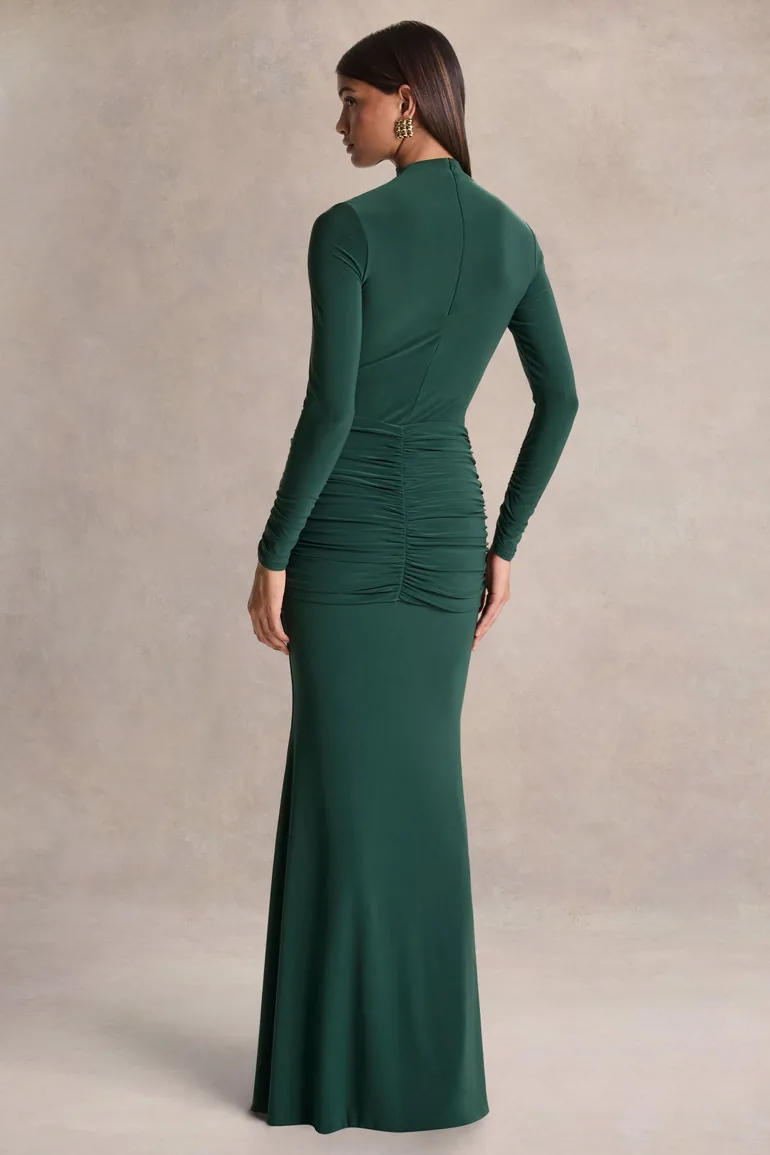 Solarium | Dark Green Long-Sleeve Maxi Dress With Gold Detail - 1