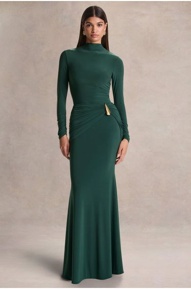 Solarium | Dark Green Long-Sleeve Maxi Dress With Gold Detail