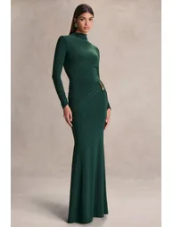 Solarium | Dark Green Long-Sleeve Maxi Dress With Gold Detail - 3
