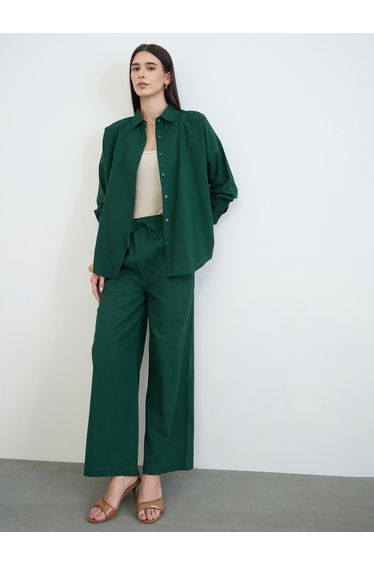 Dark Green Oversized Cotton Linen Shirt and Pants Co-ord Set