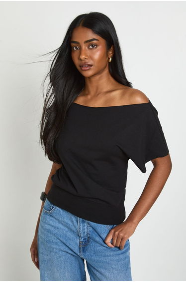 Off The Shoulder Ribbed Waist Top - black