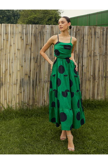 Green Back Cut-Out Polka Maxi Dress