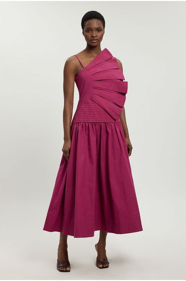 Cotton Poplin 3D Pleat Detail Woven Midi Dress
