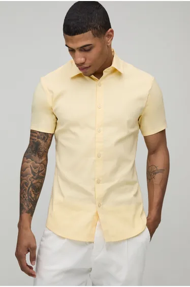 Slim Fit Short Sleeve Cotton Shirt - yellow
