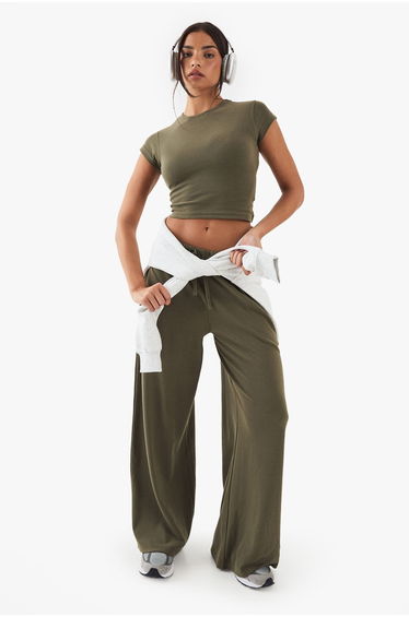 DSGN Studio Embroidered Rib Wide Leg Trouser - washed khaki
