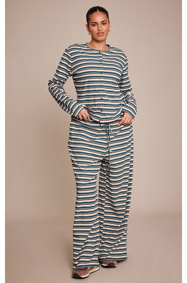 Plus Green Stripe Soft Rib Fitted Button Up Top