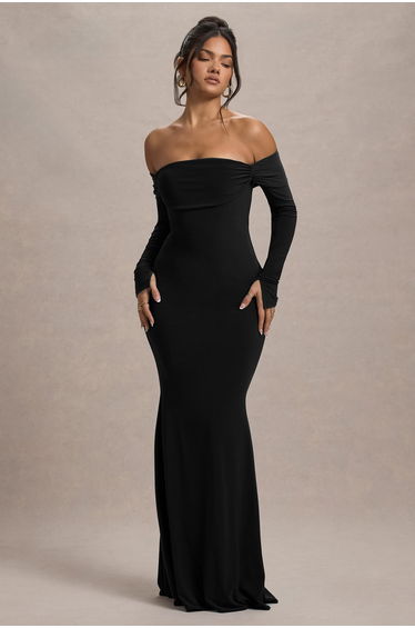 Amaia | Black Bardot Long-Sleeve Maxi Dress