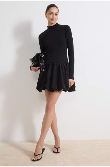 Black Balloon Skirt Detailed Mini Woven Dress
