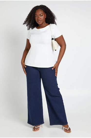 Plus Cap Sleeve Tailored Peplum Top - ivory