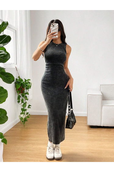 Women Black Sleeveless Bodycon Midi Dress
