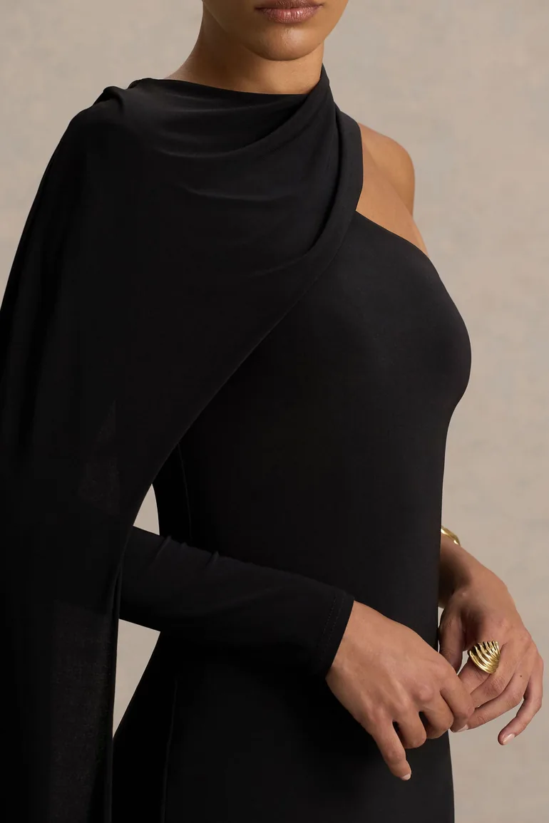 فستان ماكسي كاب بكم واحد طويل بياقة عالية لون أسود - 3