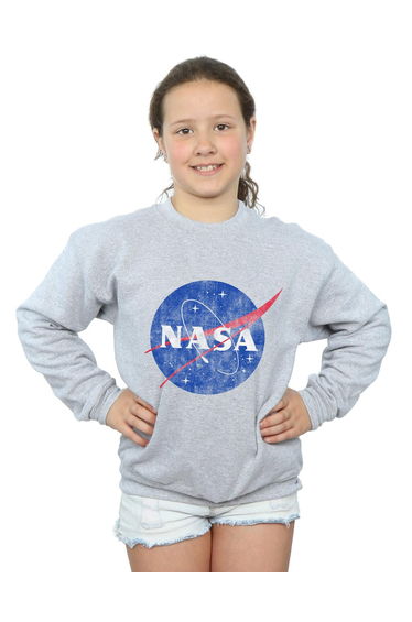 NASA Girls Distressed Logo Cotton Sweatshirt - Sports Grey