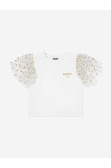 Girls Frilly Sleeve Heart Jersey Top in Ivory