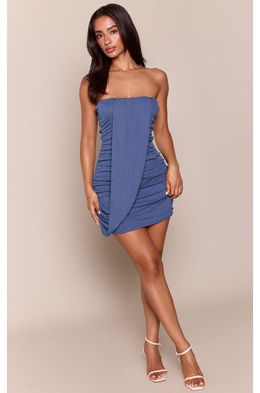 Blue Burnout Mesh Bandeau Drape Front Mini Dress