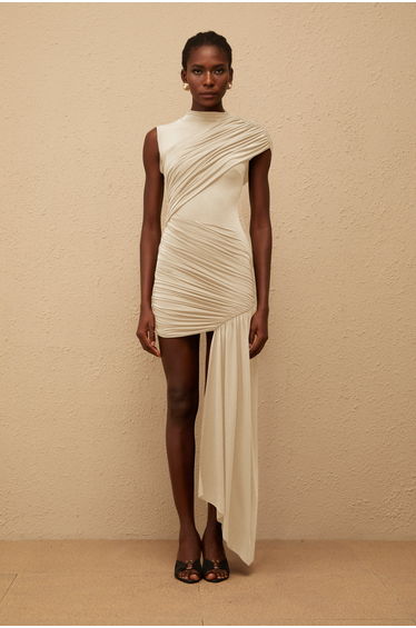 Fée Neutral Asymmetrical Ruched Mini Dress