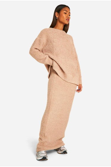 Borg Knitted Loose Fitted Floor Length Skirt - camel