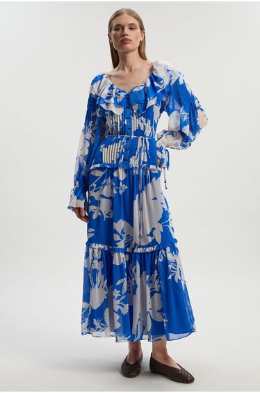 Printed Georgette Ruffle Woven Maxi Dress
