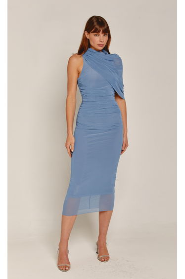 Blue Cape Mesh Midi Dress