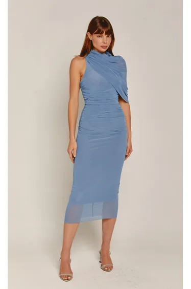 Blue Cape Mesh Midi Dress