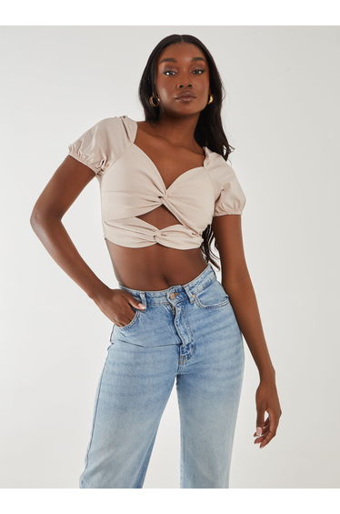 Puff Sleeve Bengaline Cropped Top