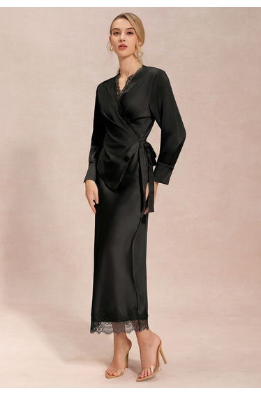Silky Scalloped Lace Trim Satin Maxi Skirt in Black for Office Styling & Weekend Outings