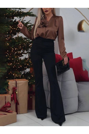 Elegant V-Neck Flower-Embellished Satin Long-Sleeved Shirt