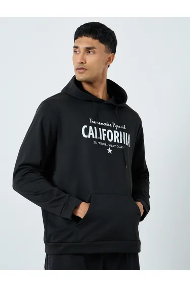 Men Black Graphic Print Hoodie with Front Pocket