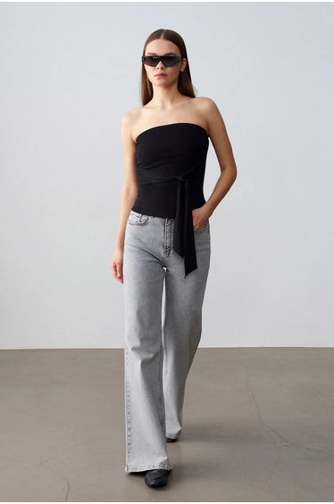 Dilvin Strapless Slim-Fit Jersey Blouse With Tie Detail