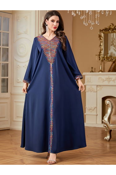 Women Navy Sequined Panel V Neck Jalabiya