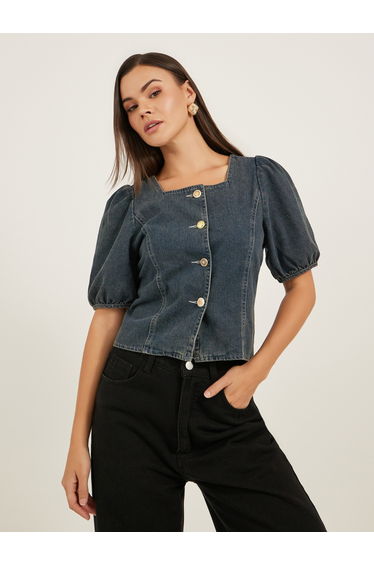 Solid Blouse With Puff Sleeve And Button Up Front