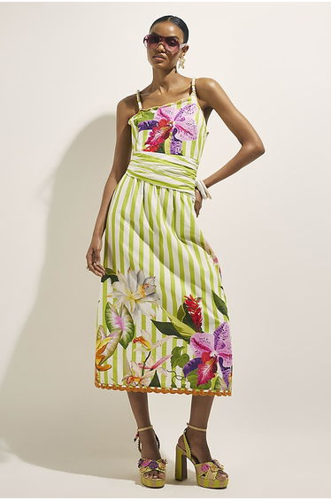Green Striped Wrap Waist Beaded Midi Dress