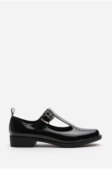 Natalie Wide Fit Mary Jane Loafers With Buckle Strap In Black Patent Finish