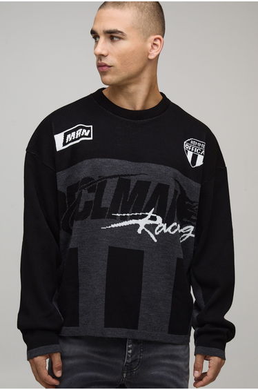 Oversized Boxy Moto Jacquard Knitted Jumper - black