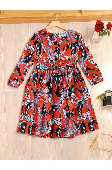 All-Over Print Fit and Flare Round Neck Dress with Long Sleeves