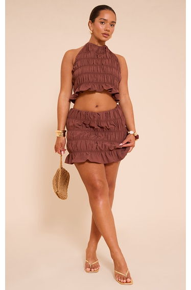 Shape Chocolate Hammered Satin Ruched Mini Skirt